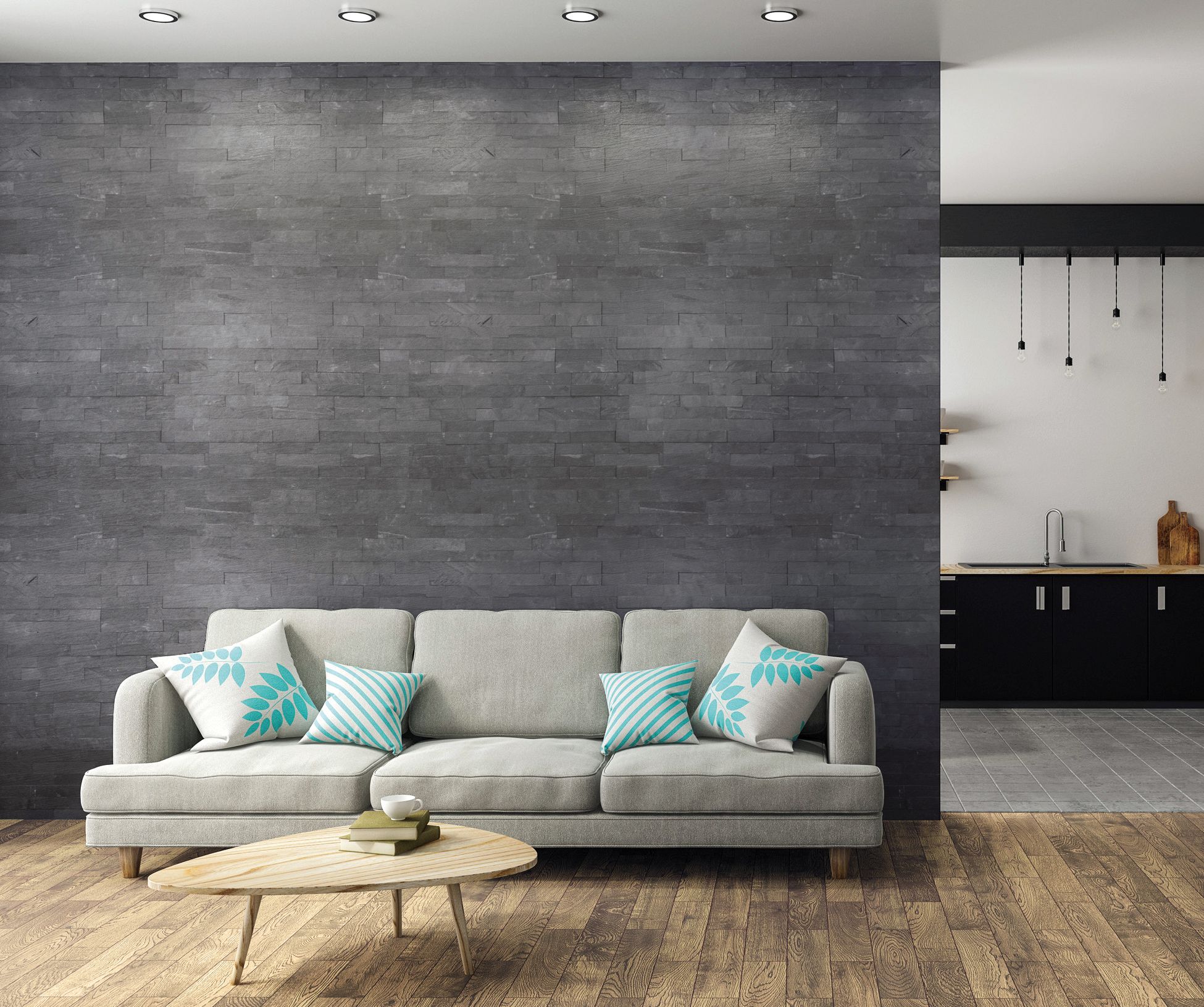 Modern studio interior with living room, kitchen and copy space on wall. Mock up, 3D Rendering
