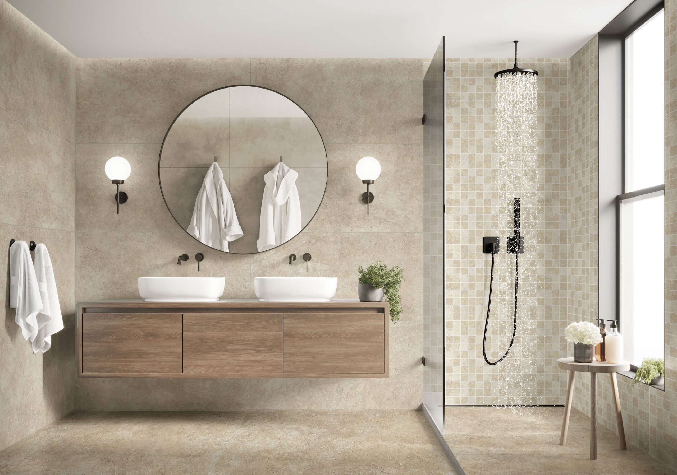 3d modern contemporary grey concrete bathroom with  round mirror